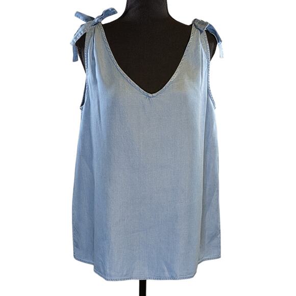 Jane & Delancey Chambray Tank Top Women L Tie Shoulder Sleeveless V Neck Blouse - Picture 1 of 12